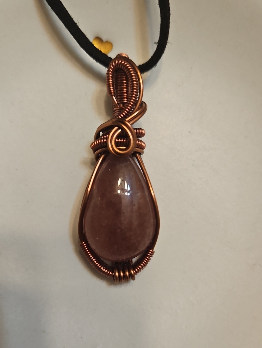 Strawberry Quartz Teardrop Pendant Necklace in Copper Wire